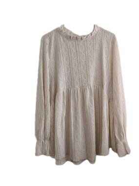 Romantic Eyelet Lace Blouse Cream Ruffle Mock Neck Babydoll Boho Peplum Top XL